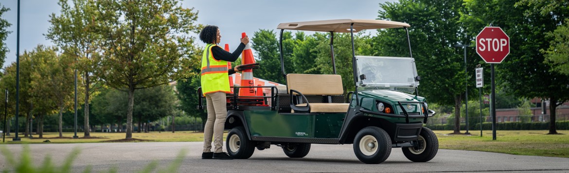 Lady wearing hi-vis work vest loading traffic cones on to the extended bed of a green Cushman Shuttle golf cart. 